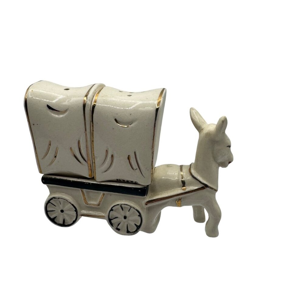 Vintage Ceramic Donkey Cart Salt & Pepper Shakers With Gold Accents
